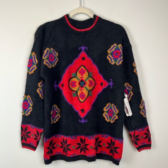 NWT Rafaella Vintage MEDIUM Angora Blend Fuzzy Soft Sweater Black Multi